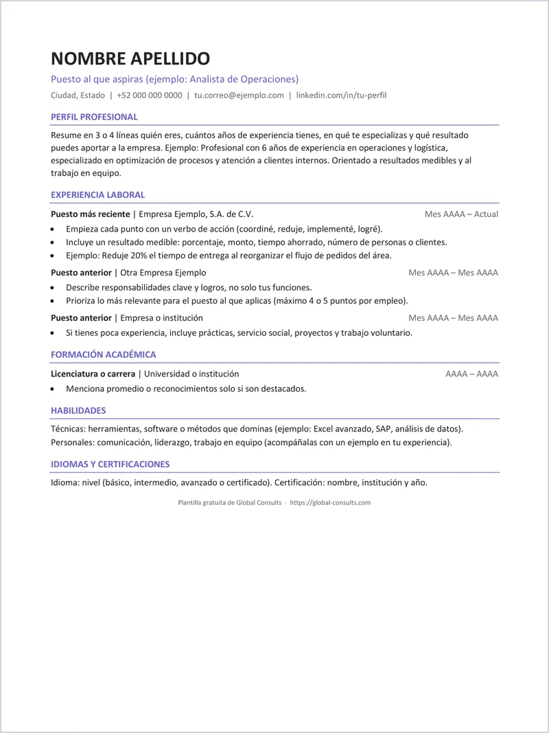 Plantilla de CV de Global Consults